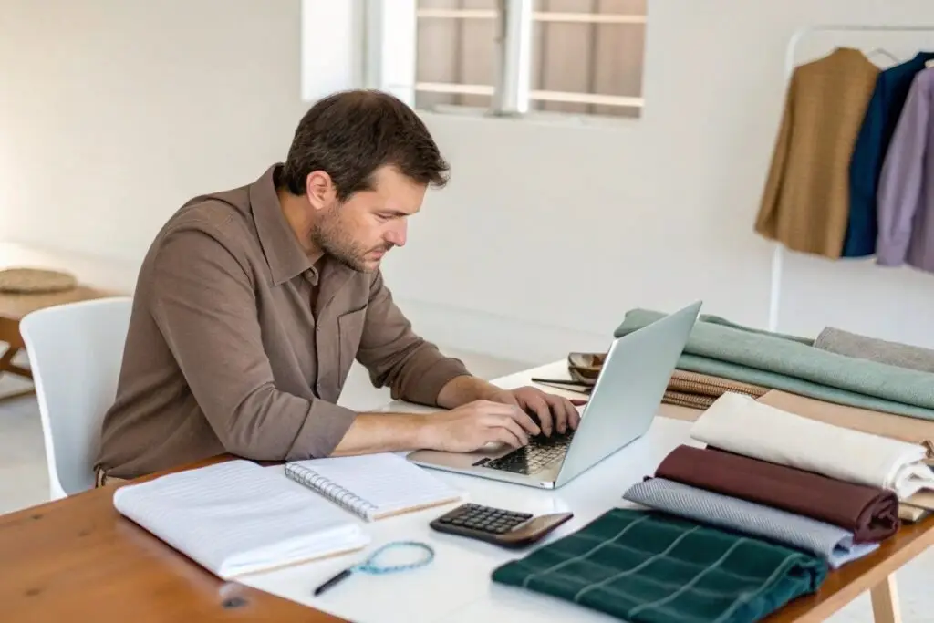 Business professional reviewing fabrics and working on laptop