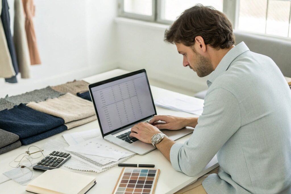 Business professional reviewing data on laptop with fabric swatches