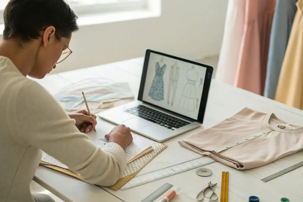 Fashion designer sketching clothing designs with fabric samples