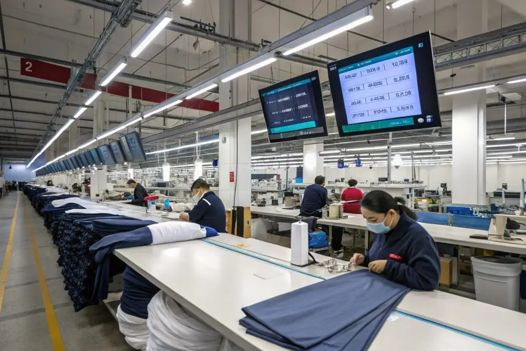 State-of-the-art clothing factory with workers handling fabric and production data screens