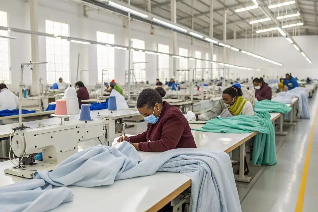 Workers operating sewing machines in a modern clothing manufacturing facility