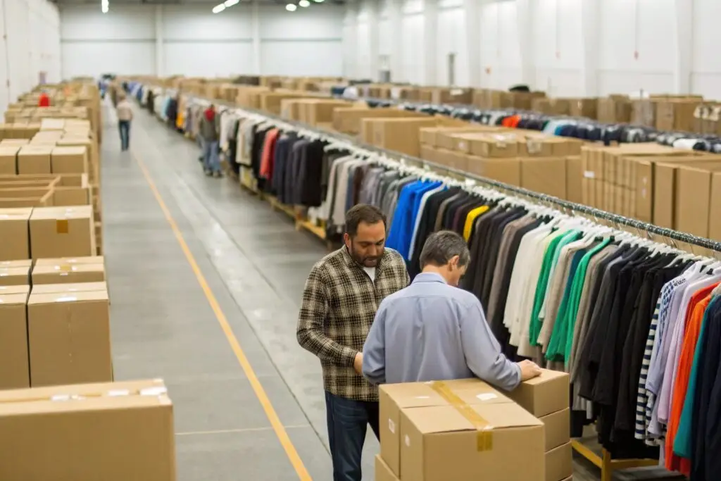 Large clothing warehouse with inventory and packaging