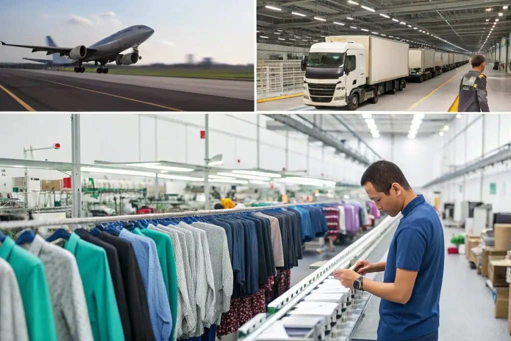 Garment manufacturing and global shipping, showcasing logistics and production.