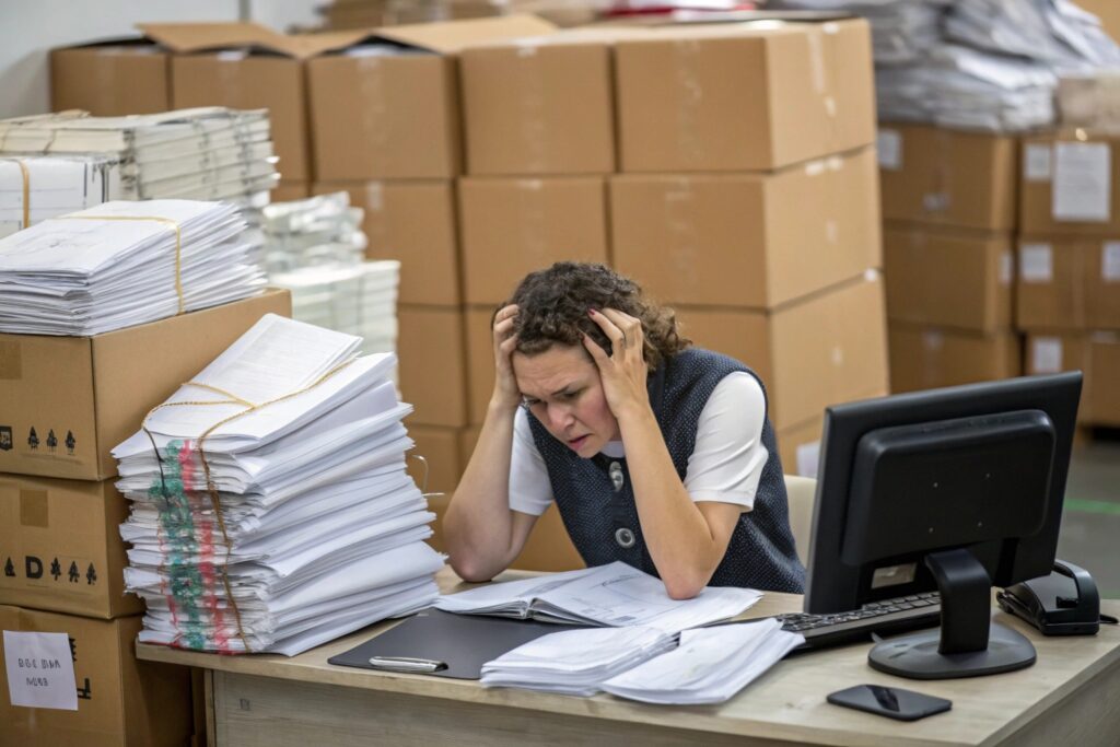 Stressed clothing supplier struggling with paperwork
