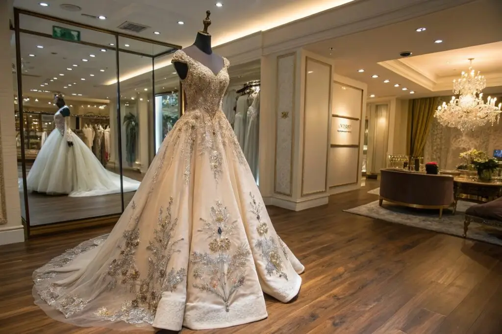 Seamstress designing a custom evening gown in a workshop