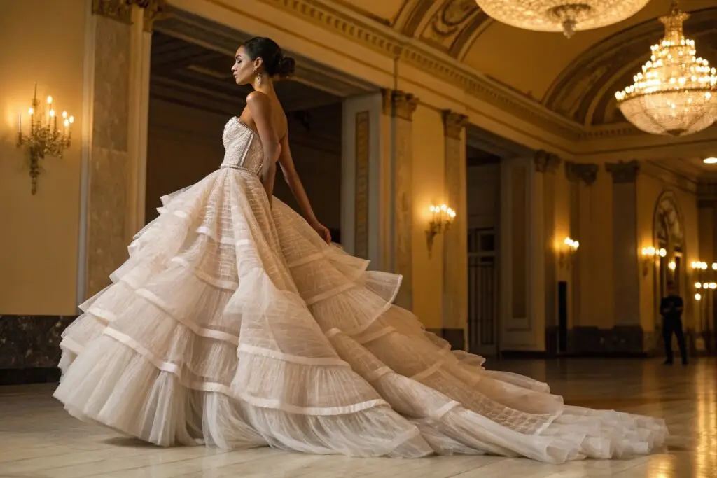 Elegant strapless ball gown with layered tulle skirt, perfect for formal events