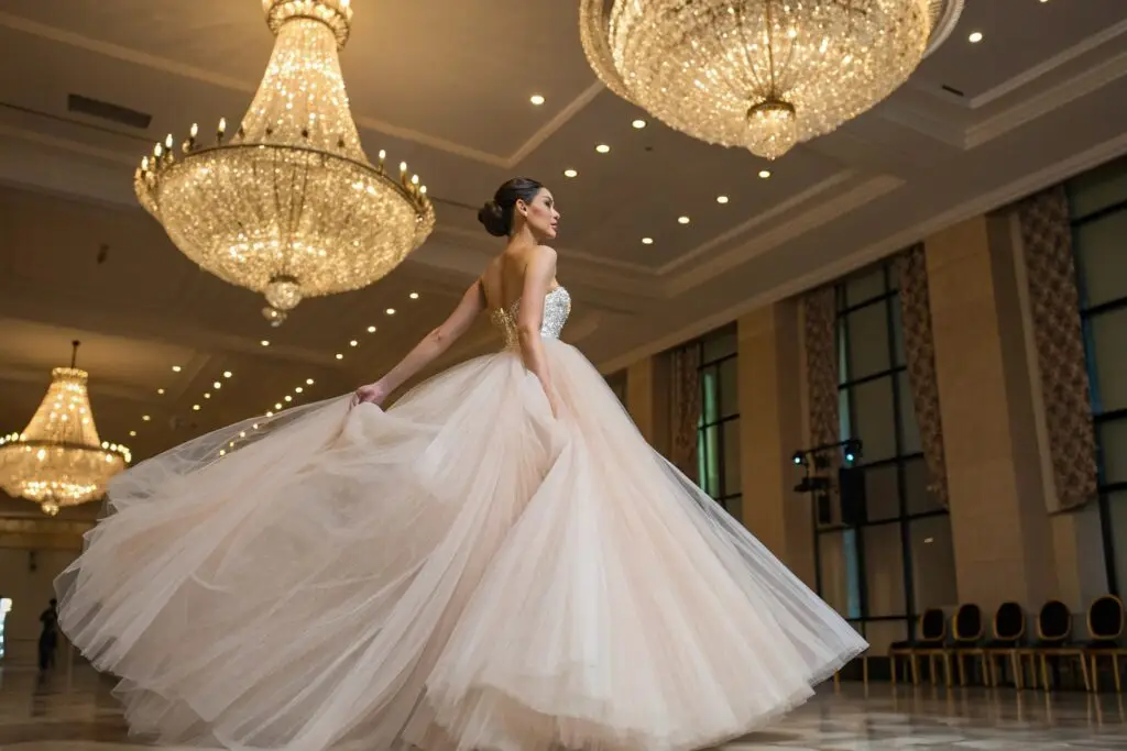 Elegant strapless ball gown with sparkling bodice and flowing tulle skirt
