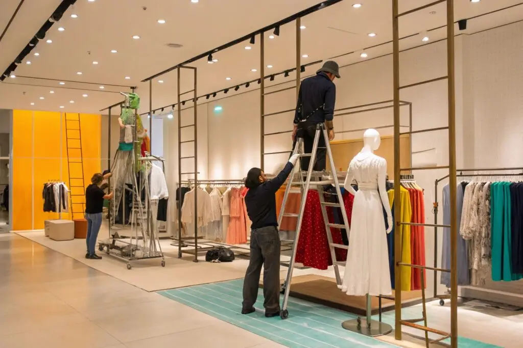 Retail store setup with workers preparing fashion displays