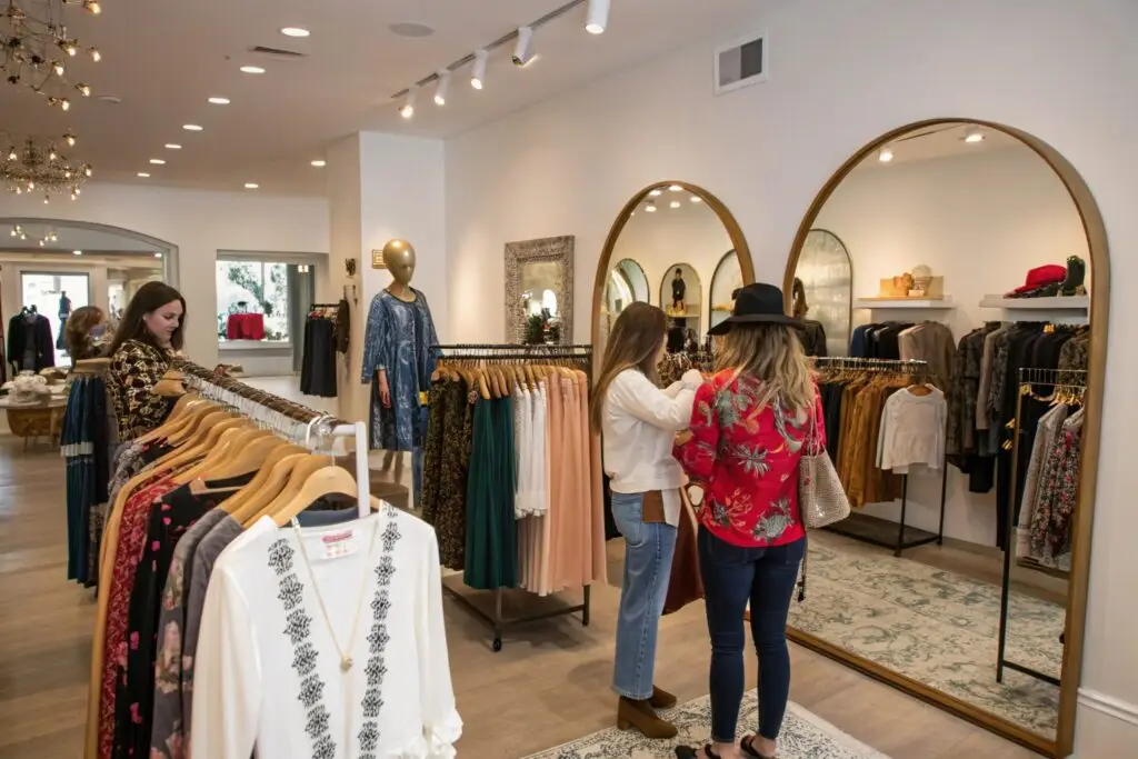 Customers shopping for stylish outfits in a boutique