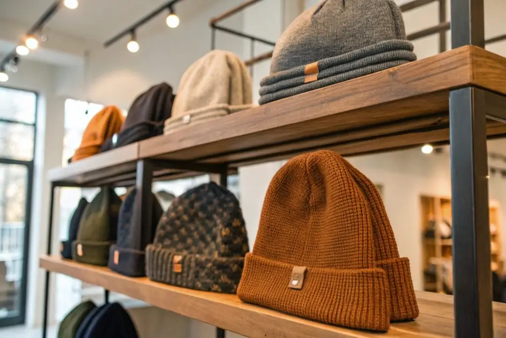 Stylish knitted beanies displayed in a boutique
