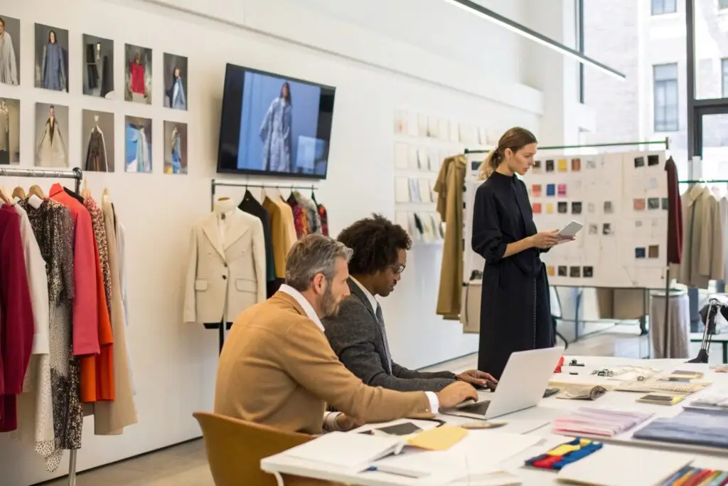 Fashion design team working in a modern showroom with fabric samples and clothing racks