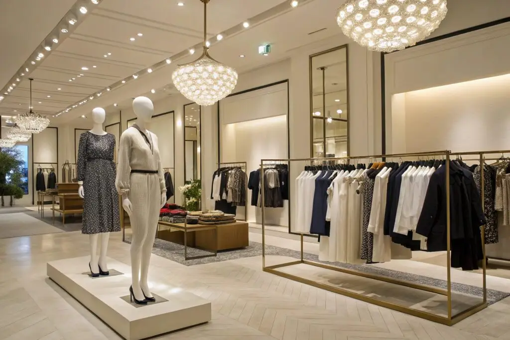 Stylish fashion retail store with mannequins displaying clothing