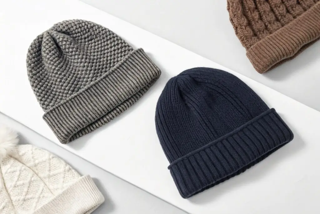 Assorted knitted beanies in different textures and colors