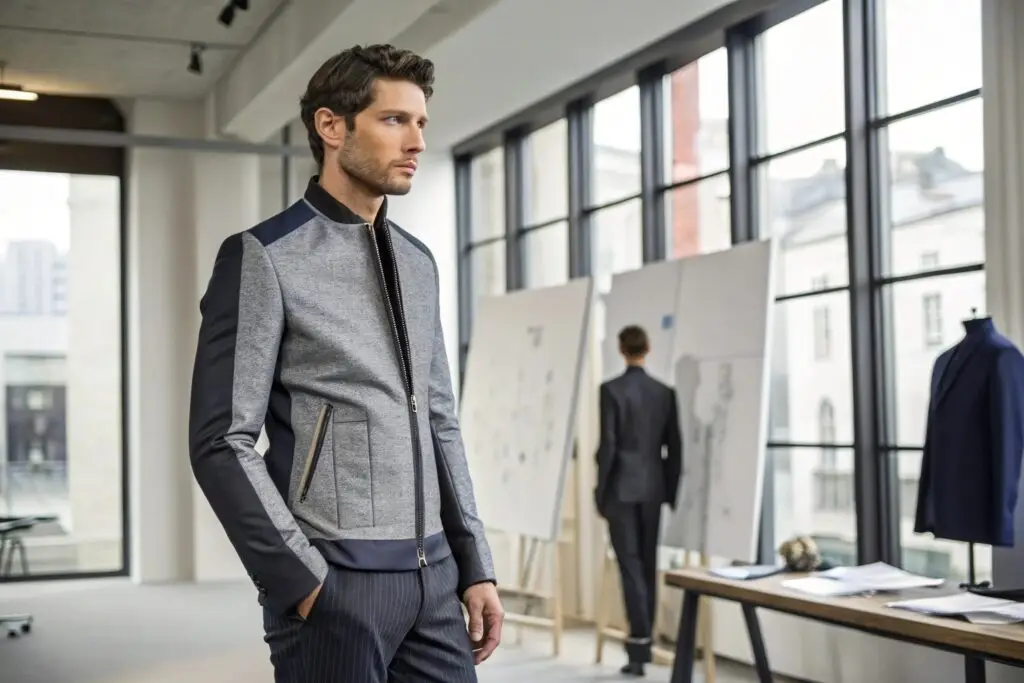 Male model wearing a stylish jacket in a fashion design studio