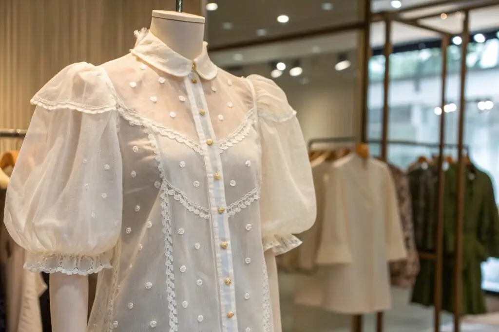 Elegant white sheer blouse with lace and puff sleeves on a mannequin