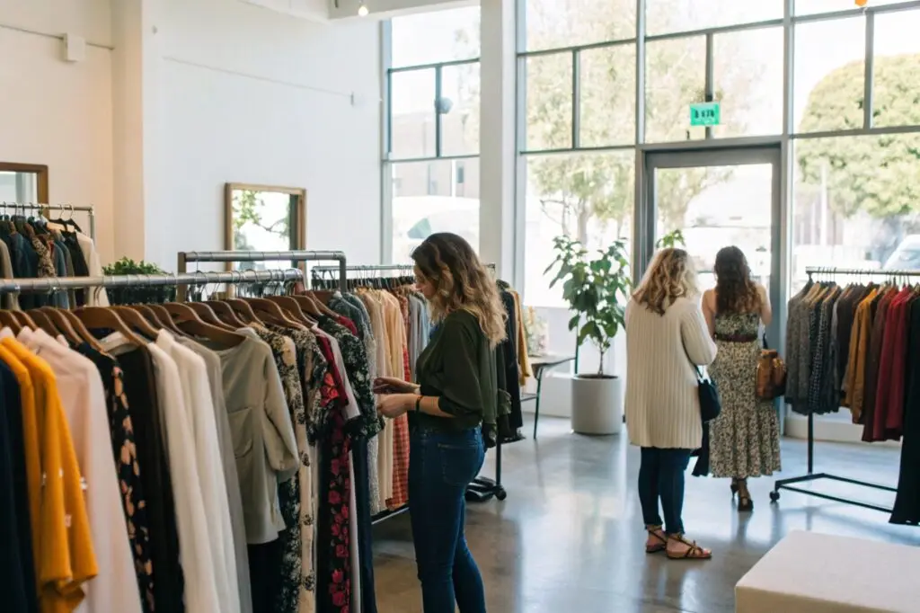 Women shopping in a boutique with stylish clothing on racks