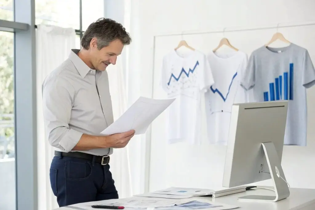 A successful custom T-shirt business owner reviewing design plans