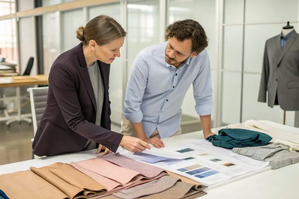 Supplier discussing fabric and MOQ policy with buyer