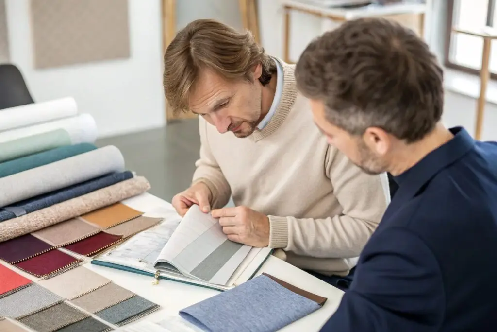 Client reviewing fabric swatches with supplier