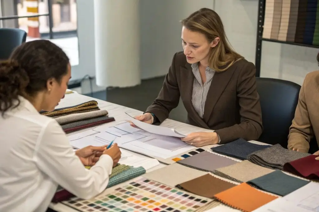 Supplier meeting with fashion brand representatives discussing fabrics and designs
