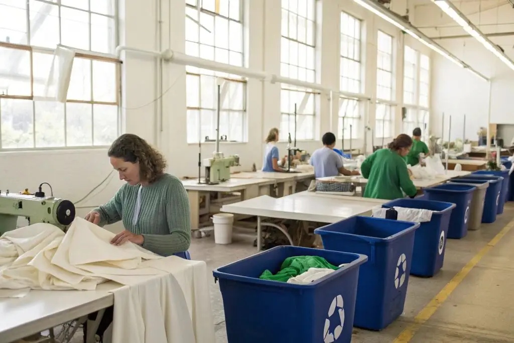 Workers sewing garments in bright, eco-friendly workshop