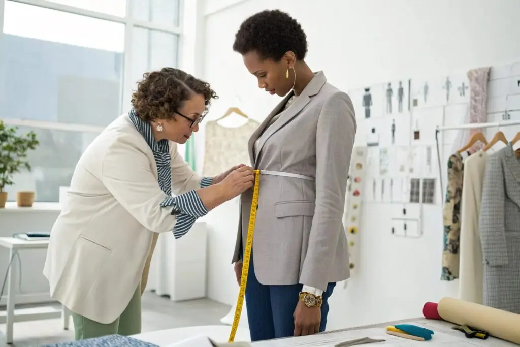 Tailor measuring a client with a measuring tape in a bright clothing studio