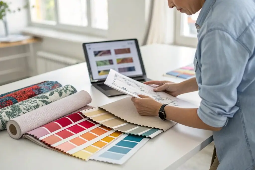 Textile designer reviewing fabric swatches and designs