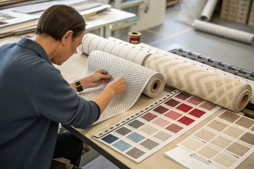 Textile designer reviewing fabric samples, material selection