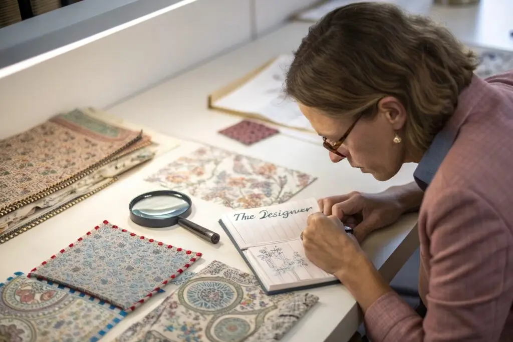 Textile designer sketching patterns, fabric design process