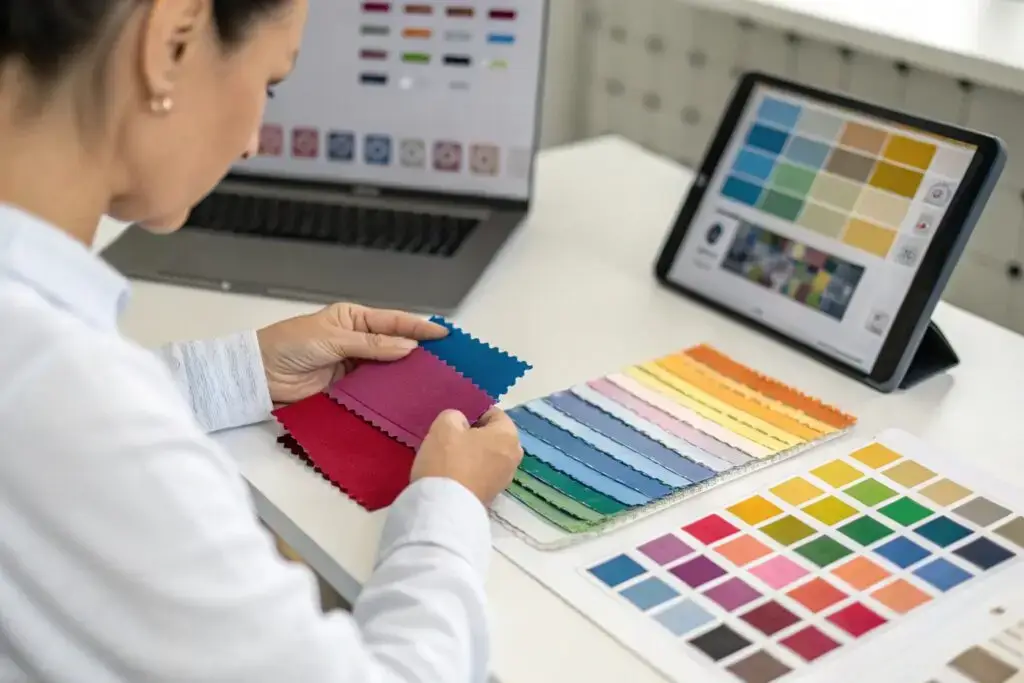 Textile designer reviewing fabric swatches for color selection