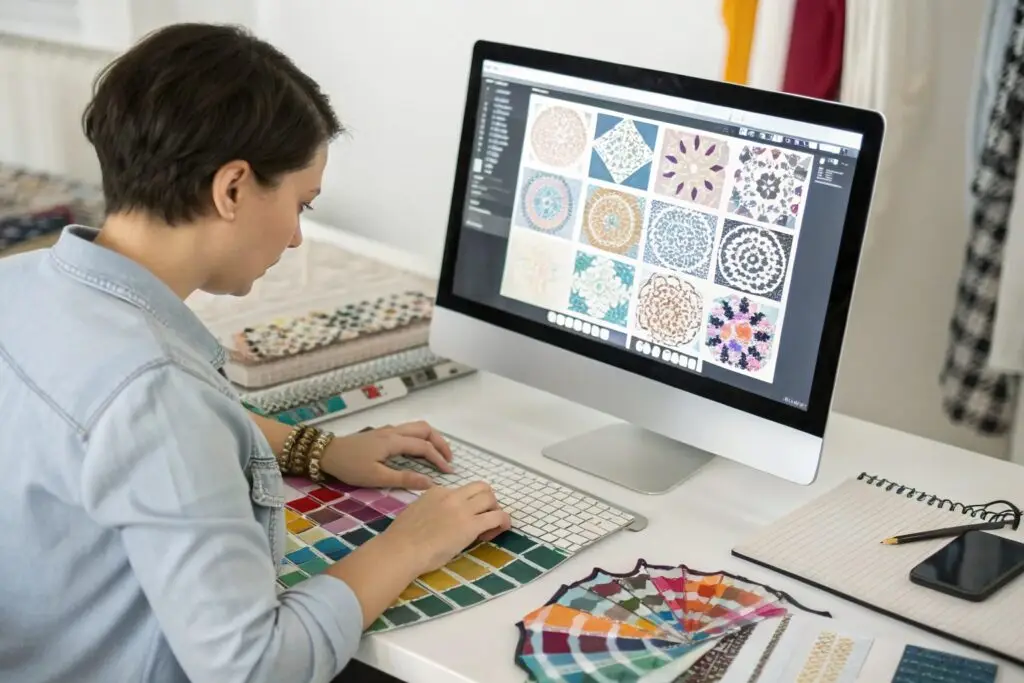 Textile designer finalizing fabric patterns on computer