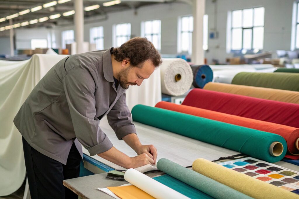Textile expert inspecting fabric rolls and patterns in a garment factory