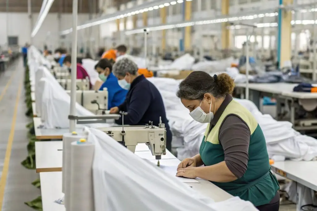 Workers sewing garments in a large textile factory, demonstrating high production efficiency