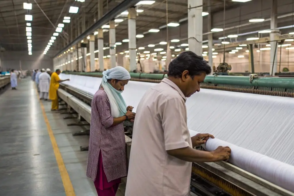 Workers operating textile machines in a large-scale textile manufacturing facility