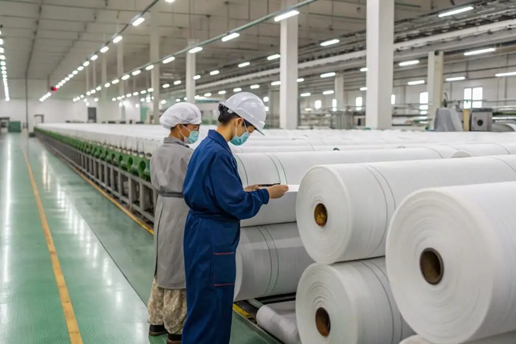 Workers inspecting textile rolls in a sustainable fabric production facility