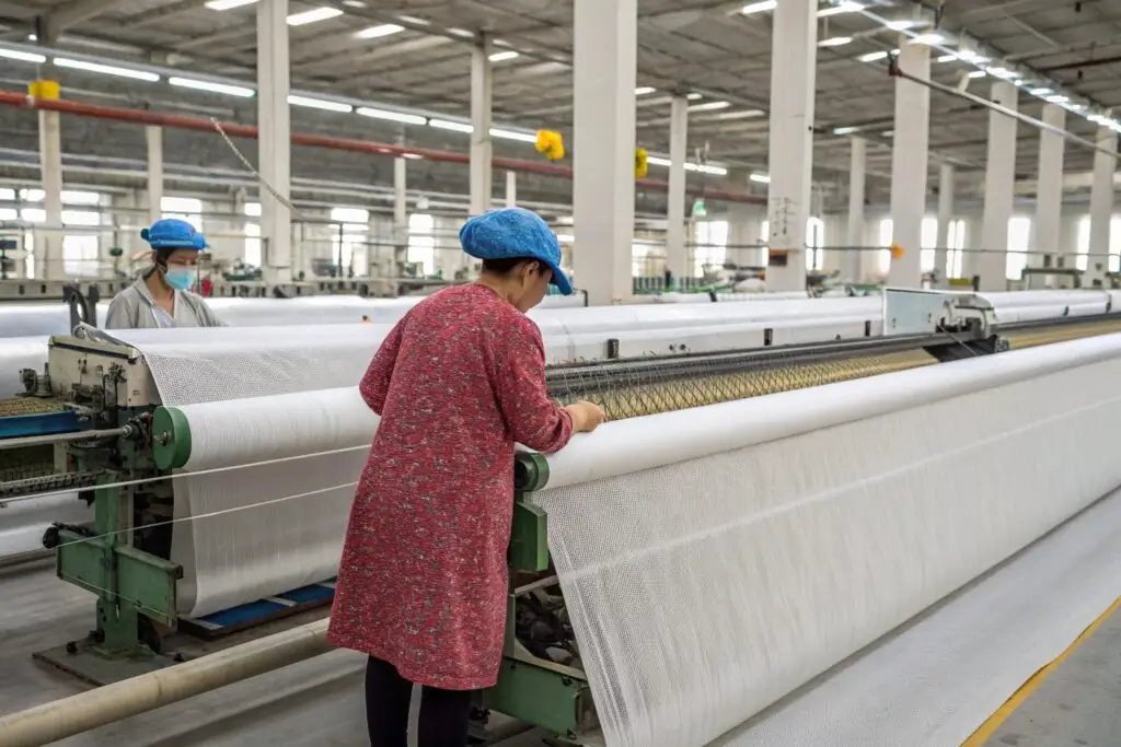 Workers monitoring fabric production in a textile factory