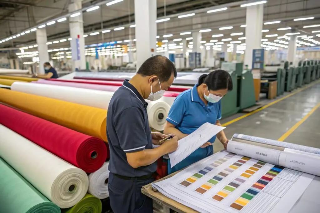 Workers inspecting colorful fabric rolls and color samples in a textile factory