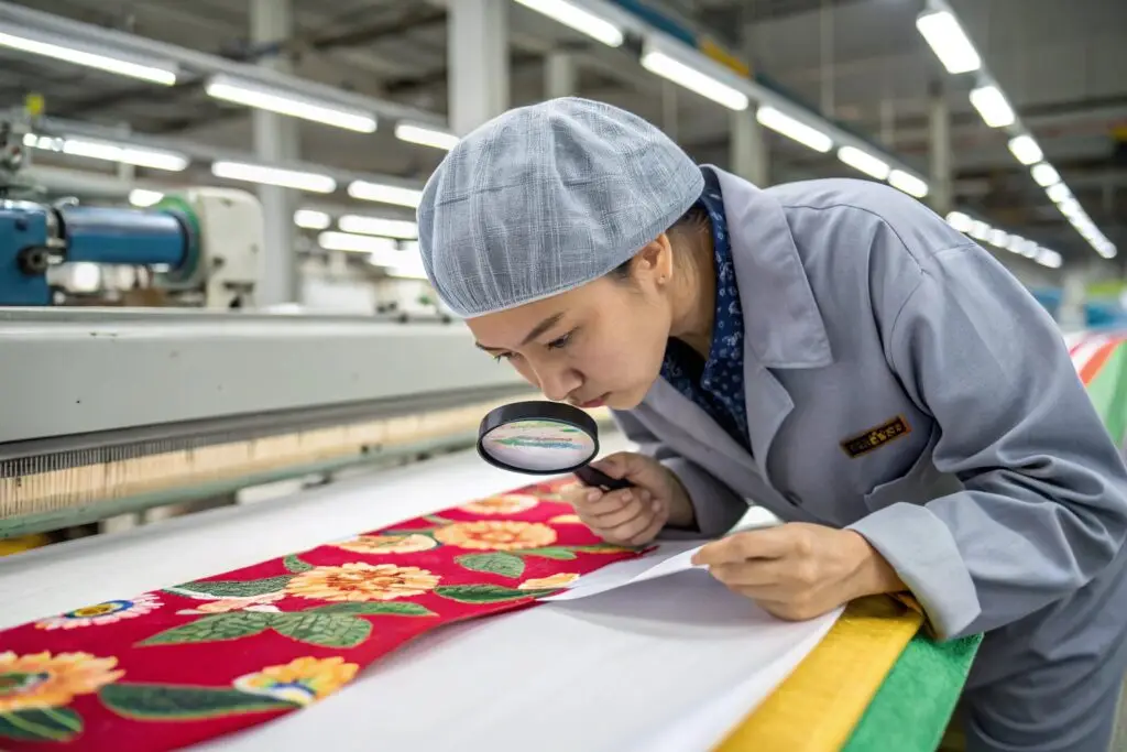 Textile factory worker inspecting fabric quality
