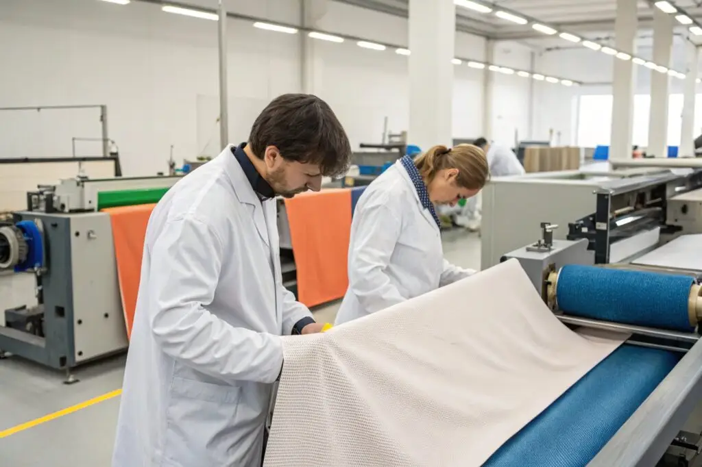 Engineers inspecting textile quality in a fabric manufacturing facility