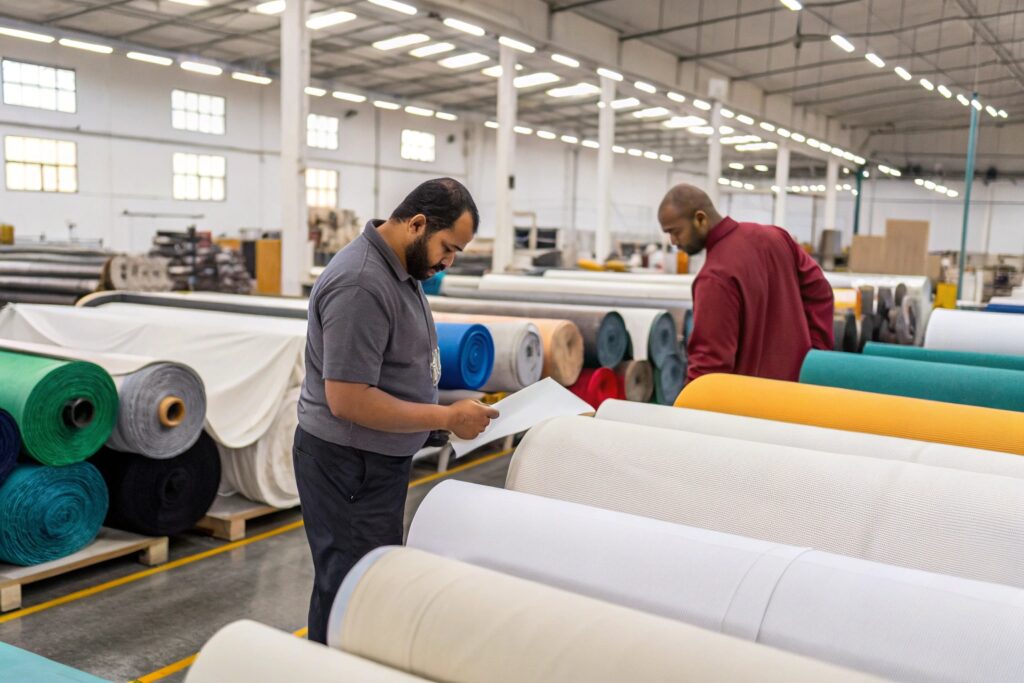 Workers inspecting fabric rolls in a textile warehouse