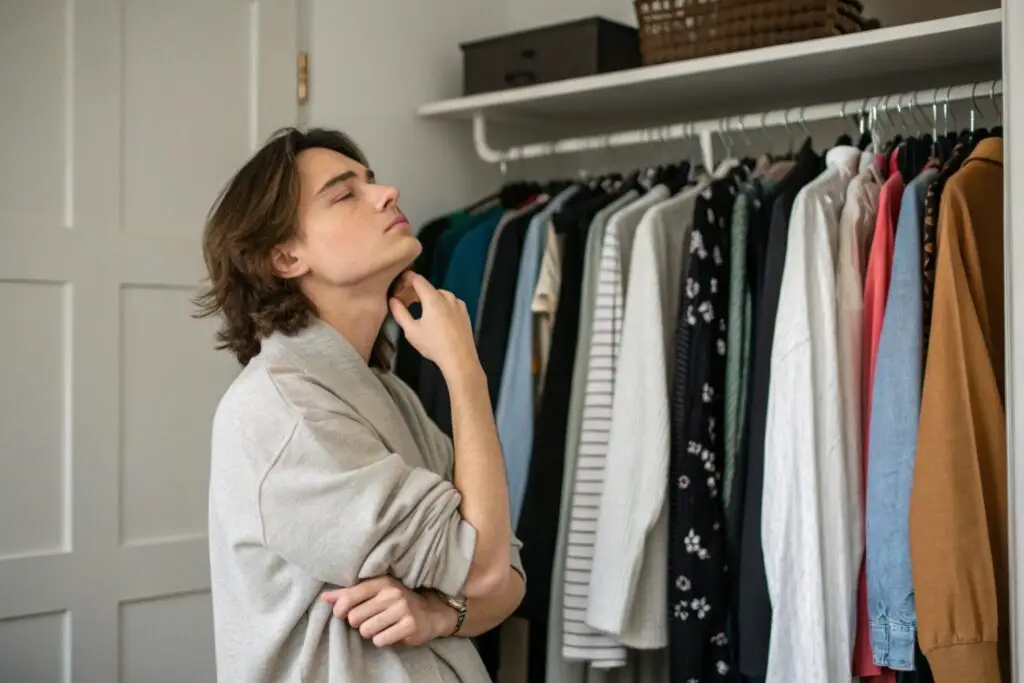person thinking while choosing clothes from full wardrobe