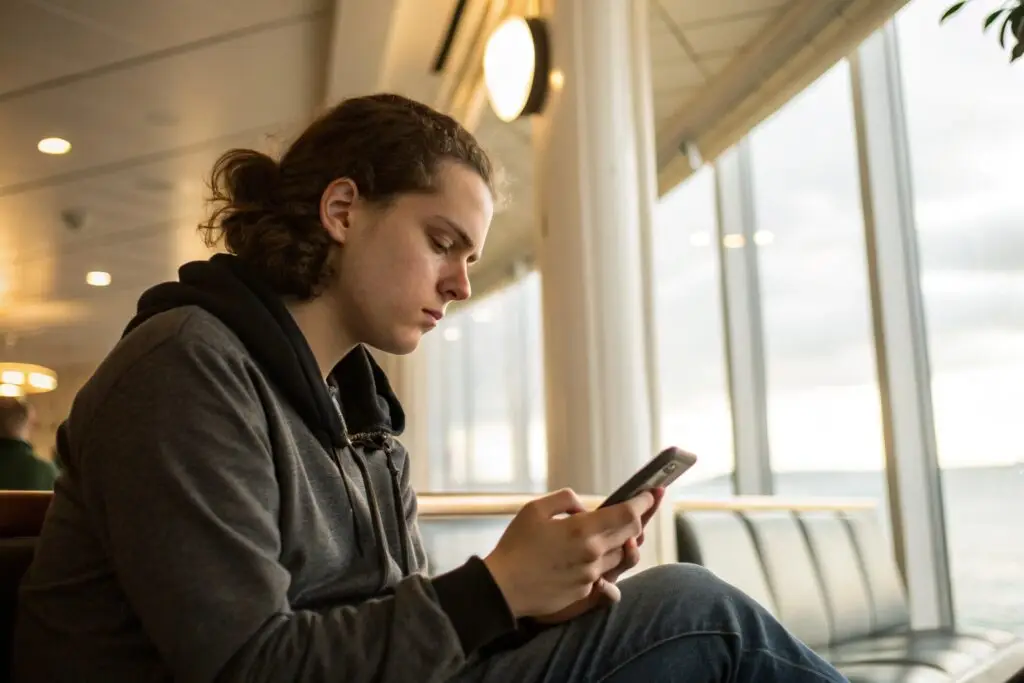 person in hoodie using smartphone while seated near large windows