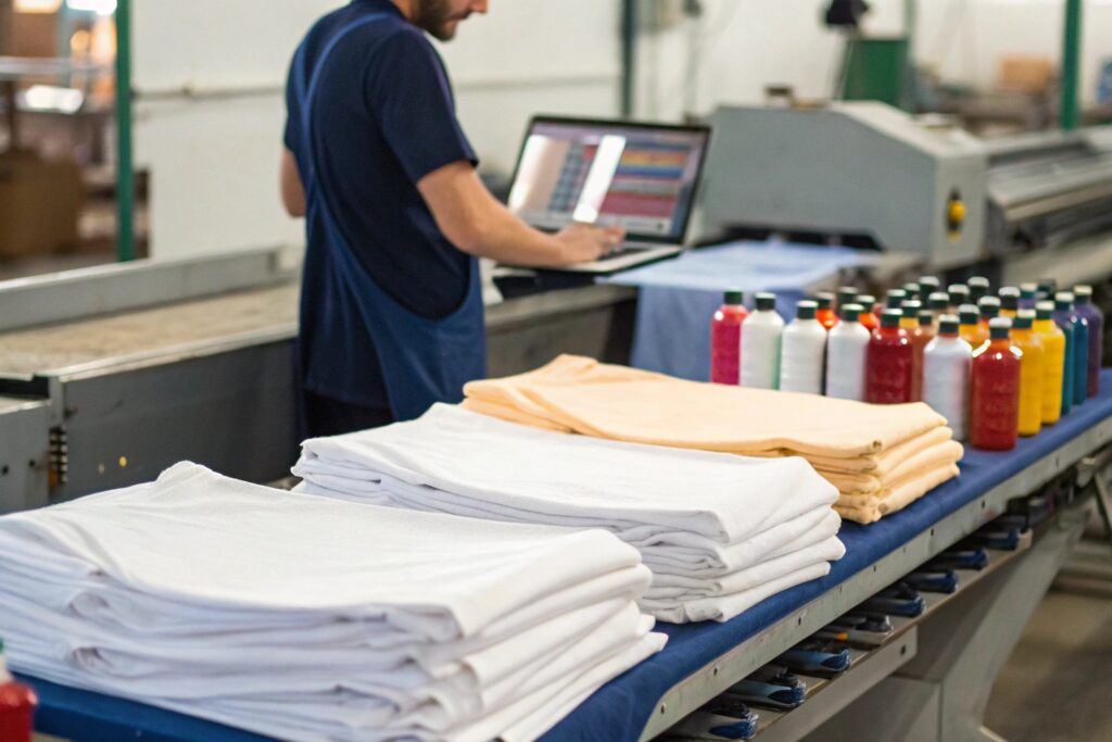 Stacks of blank t-shirts and colorful ink bottles in a screen printing workshop
