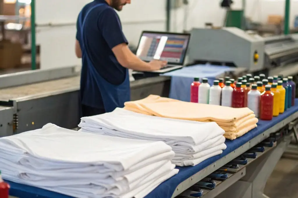 Stacks of blank t-shirts and colorful ink bottles in a screen printing workshop