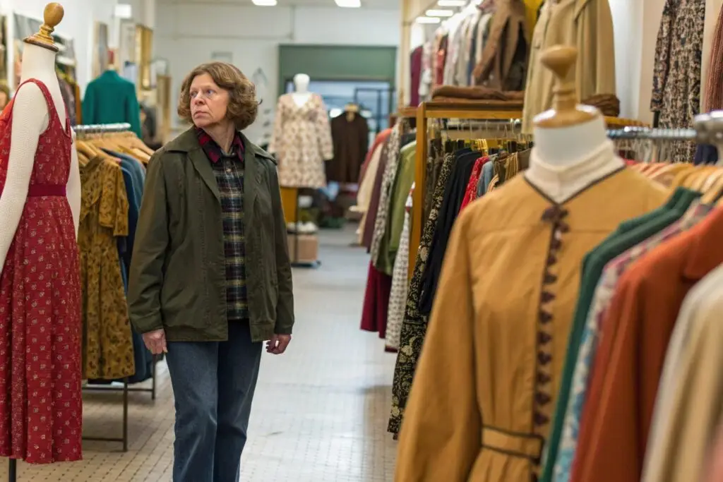 person browsing outdated vintage clothing in traditional retail store