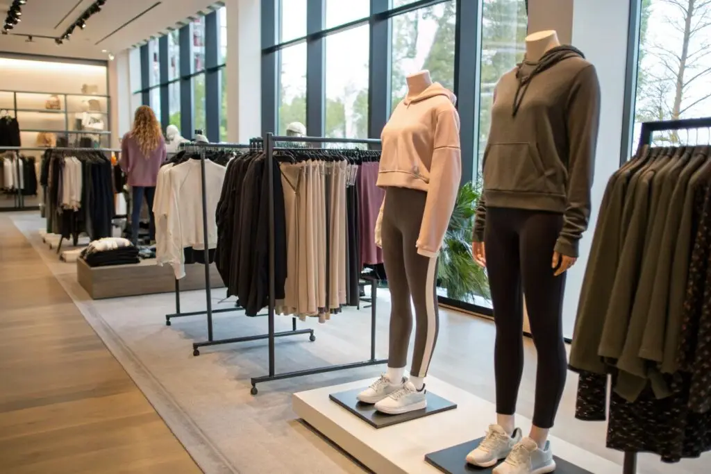 Trendy retail store displaying athleisure clothing on mannequins and racks