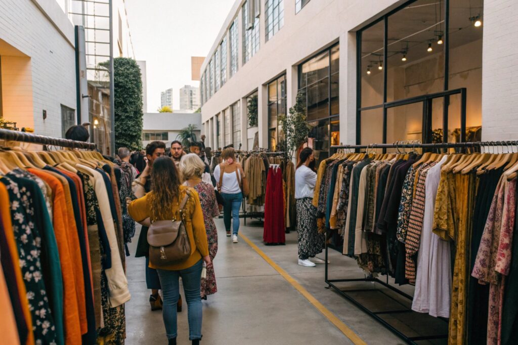 Shoppers browsing clothing racks at an outdoor fashion market