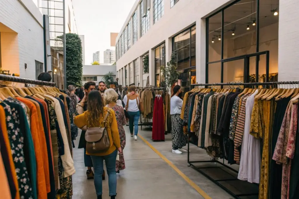 Shoppers browsing clothing racks at an outdoor fashion market