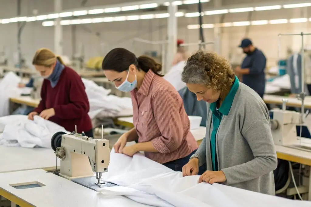 Clothing production team sewing and inspecting fabric