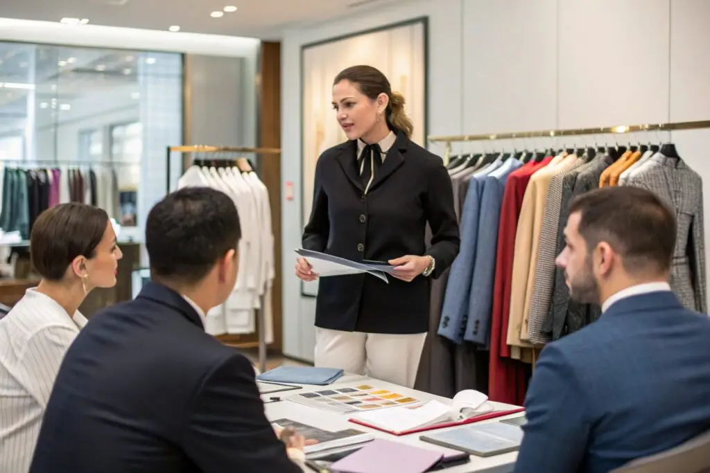 Vendor presenting garment samples to fashion buyers in a showroom